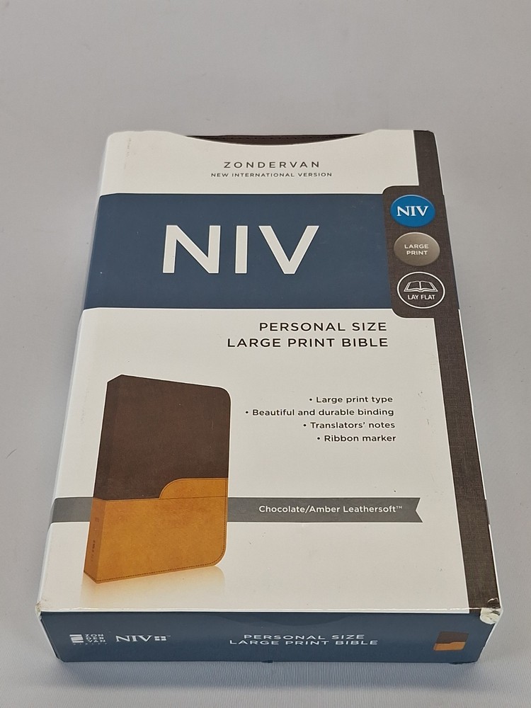 Zondervan NIV Large Print Holy Bible Leather Soft Chocolate Amber Lay Flat