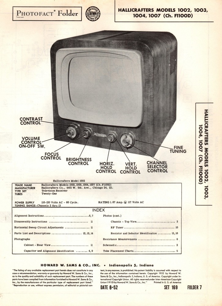 Hallicrafters – Model 1002 – TV – Original Service Manual -1952