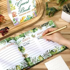 Dinosaur Baby Shower Guest Book with Gold Pen & Photo Corners – Elegant Keepsake