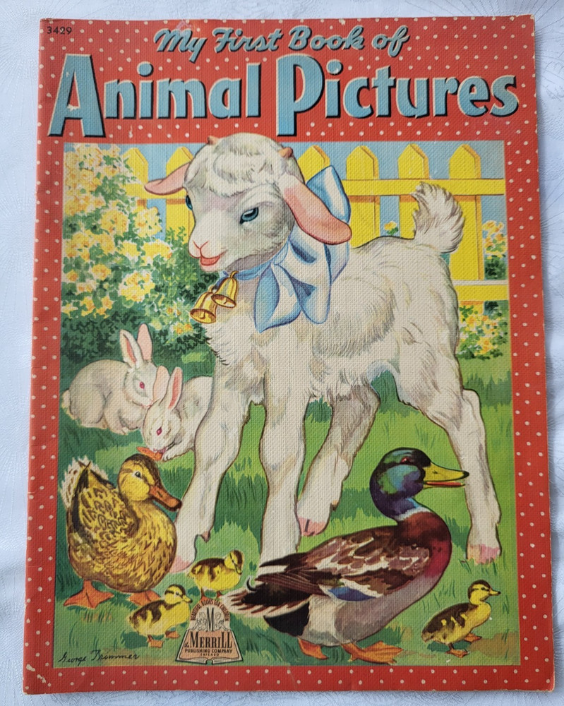 Vtg 1943 MY FIRST BOOK OF ANIMAL PICTURES Merrill Linen-Like Easter Bunny Lamb