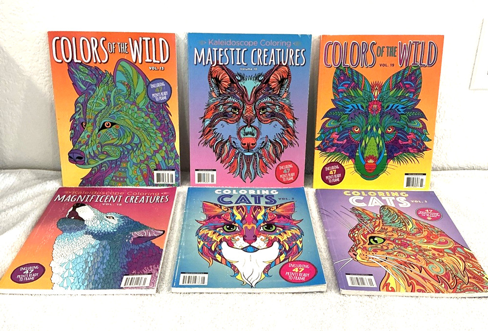 New kaleidoscope Coloring Books For Adults/Kids Lot of 6 Wolves/Cats MSRP 9.99ea