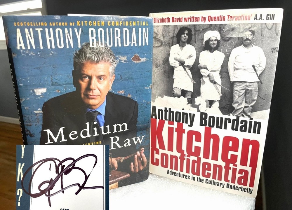 Anthony Bourdain SIGNED Medium Raw + Kitchen Confidential Great Britian Edition