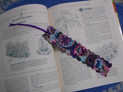 Bookmark Fabric or Cloth Multi-Colored Abstract with Purple Ribbon Handmade