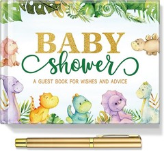 Dinosaur Baby Shower Guest Book with Gold Pen & Photo Corners – Elegant Keepsake