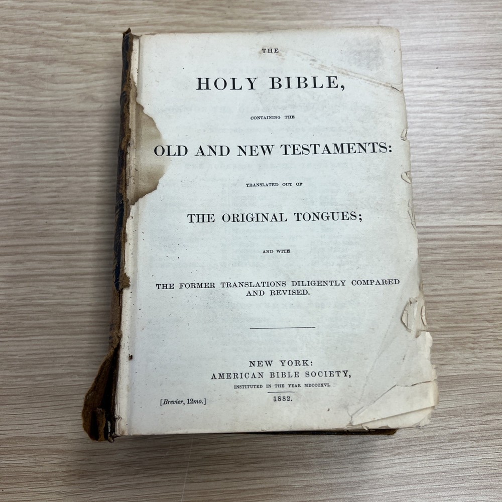 1882 Holy Bible American Bible Society New York Leather Bound Gilt Edges Antique