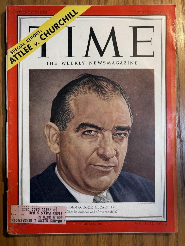 TIME Magazine, October 22, 1951 with Senator Joseph McCarthy on the Cover