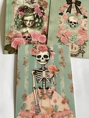 3 Gothic Girls Halloween Trading Cards 4×6” Inches Abstract Book Lover Skeleton