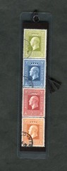 1970 NORWAY KING OLAV, LAMINATED BOOKMARK W/REAL NORWAY POSTAGE STAMPS #A142.