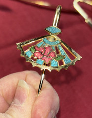 VINTAGE Gold Tone Enamel Fan Bible Book Mark 5.75” Teal Rose Made in Taiwan