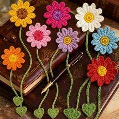 8 Pack Flower Crochet Bookmarks,Handmade Knitted Daisy Sunflower Multicolor