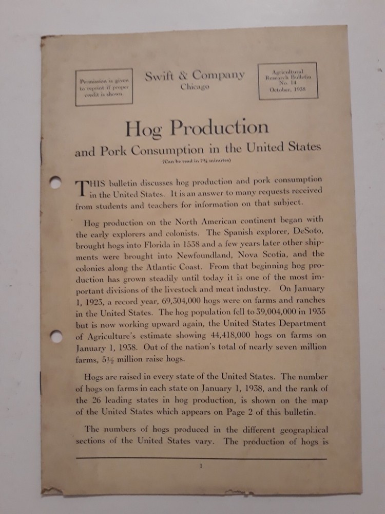 1938 swift & company Chicago hog production and pork consumption in the USA j10
