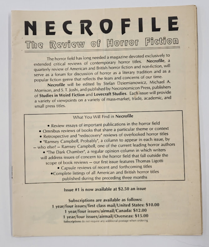 NECROFILE #1 A REVIEW OF HORROR FICTION NECRONOMICON PRESS LOVECRAFT