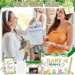 Dinosaur Baby Shower Guest Book with Gold Pen & Photo Corners – Elegant Keepsake