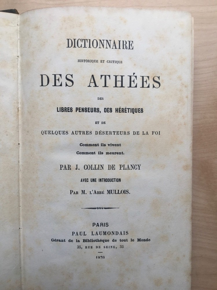 De Plancy DICTIONNAIRE DES ATHÉES 1870 occult heretics french atheism biography