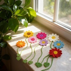 8 Pack Flower Crochet Bookmarks,Handmade Knitted Daisy Sunflower Multicolor