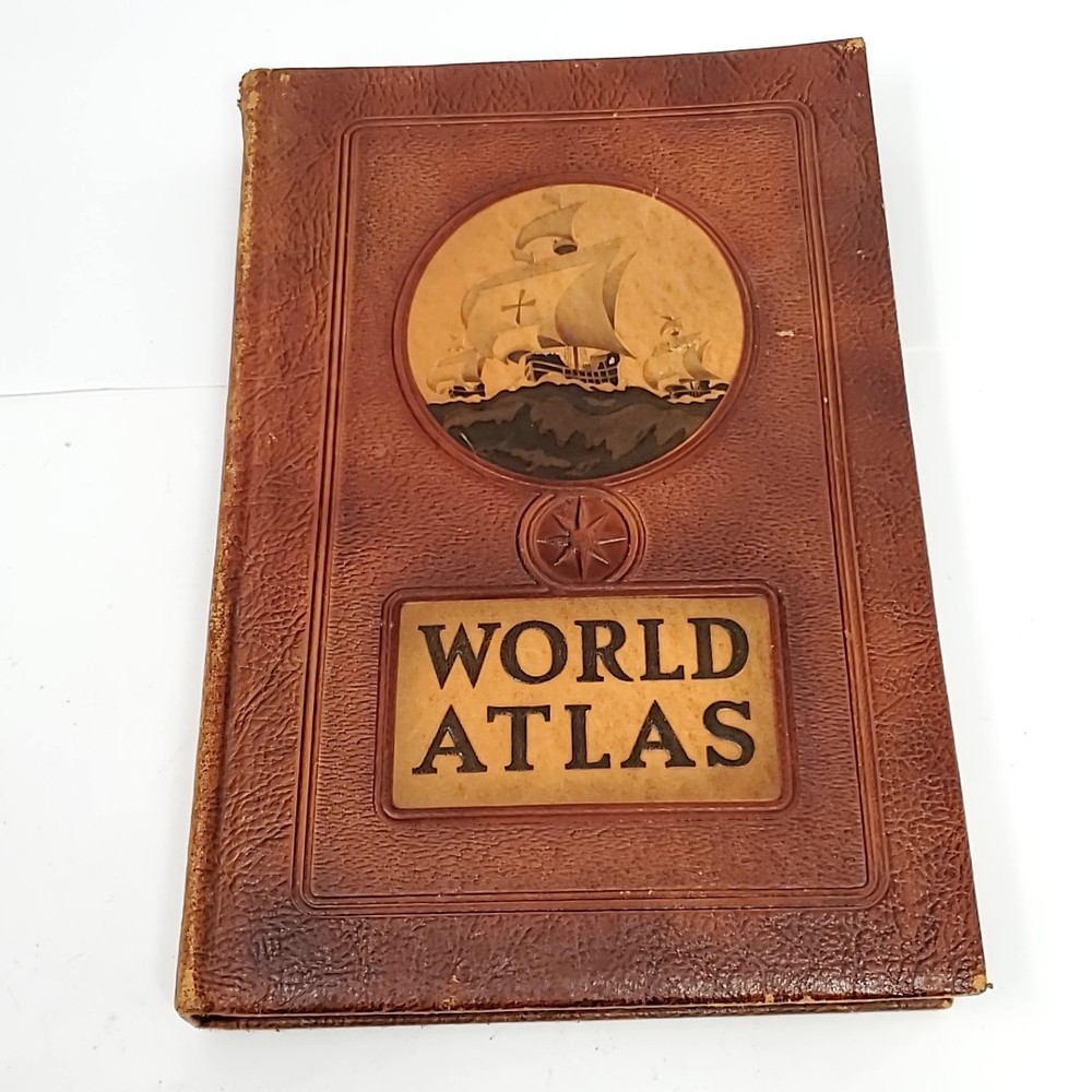Antique Leather Rand McNally World AtlasS Book 1951 Vintage WW2 Maps Geography